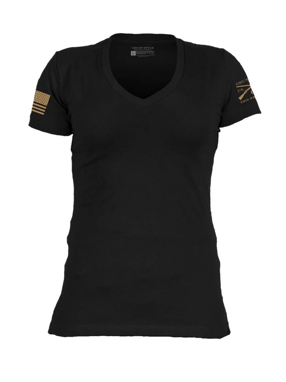Grunt Style Women's Black V-Neck Tee with Gold Sleeve Emblems